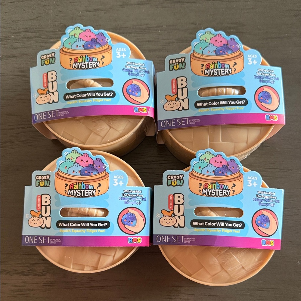 Rainbow Mystery Bun Squishy Toy Set Bundle of 4 - Tan Shell